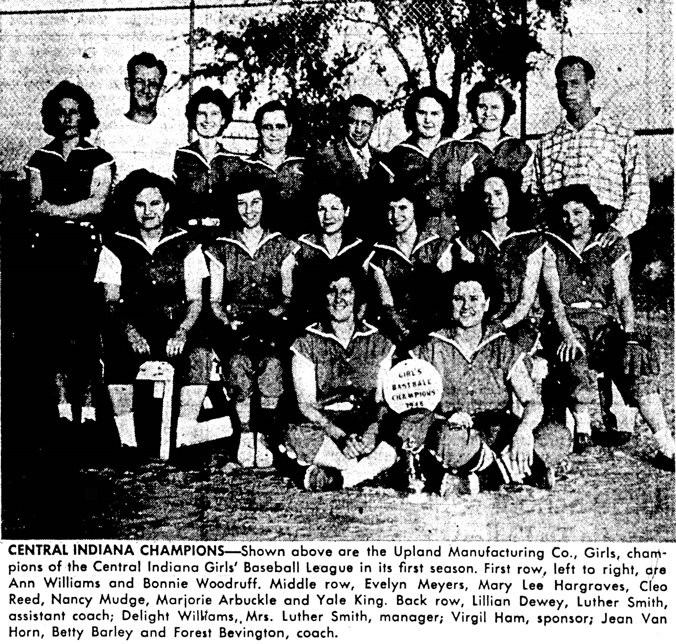 Leader-Tribune (Marion, IN), 12 September 1948
The circular sign reads “Girls Baseball Champions 1948.
Note that the uniform consists of slacks rather than shorts or the AAGPBL skirted uniform.